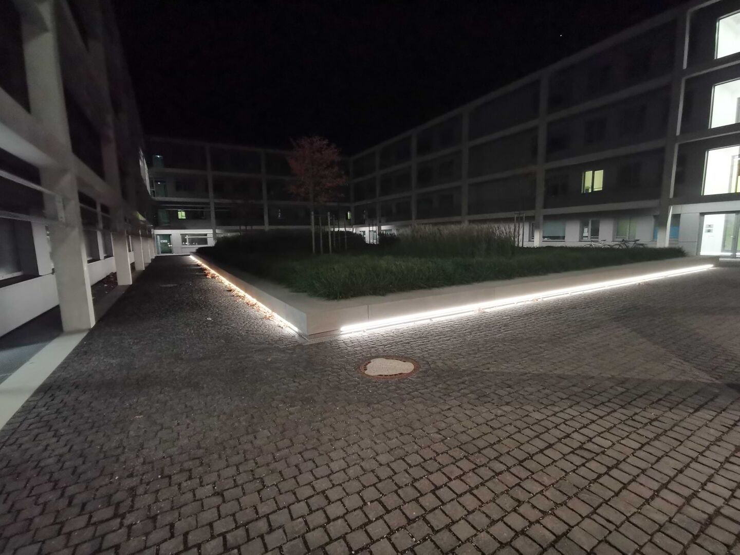Nachtansicht eines Innenhofs mit gepflastertem Weg, beleuchtetem Gartenbeet und modernen Gebäuden.